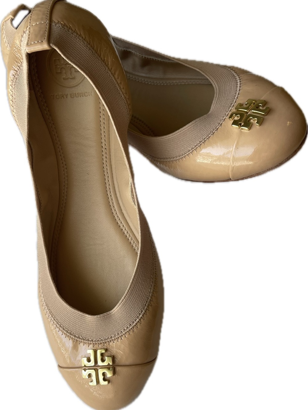 Tory Burch Nude Patent Leather Logo Ballet Flats